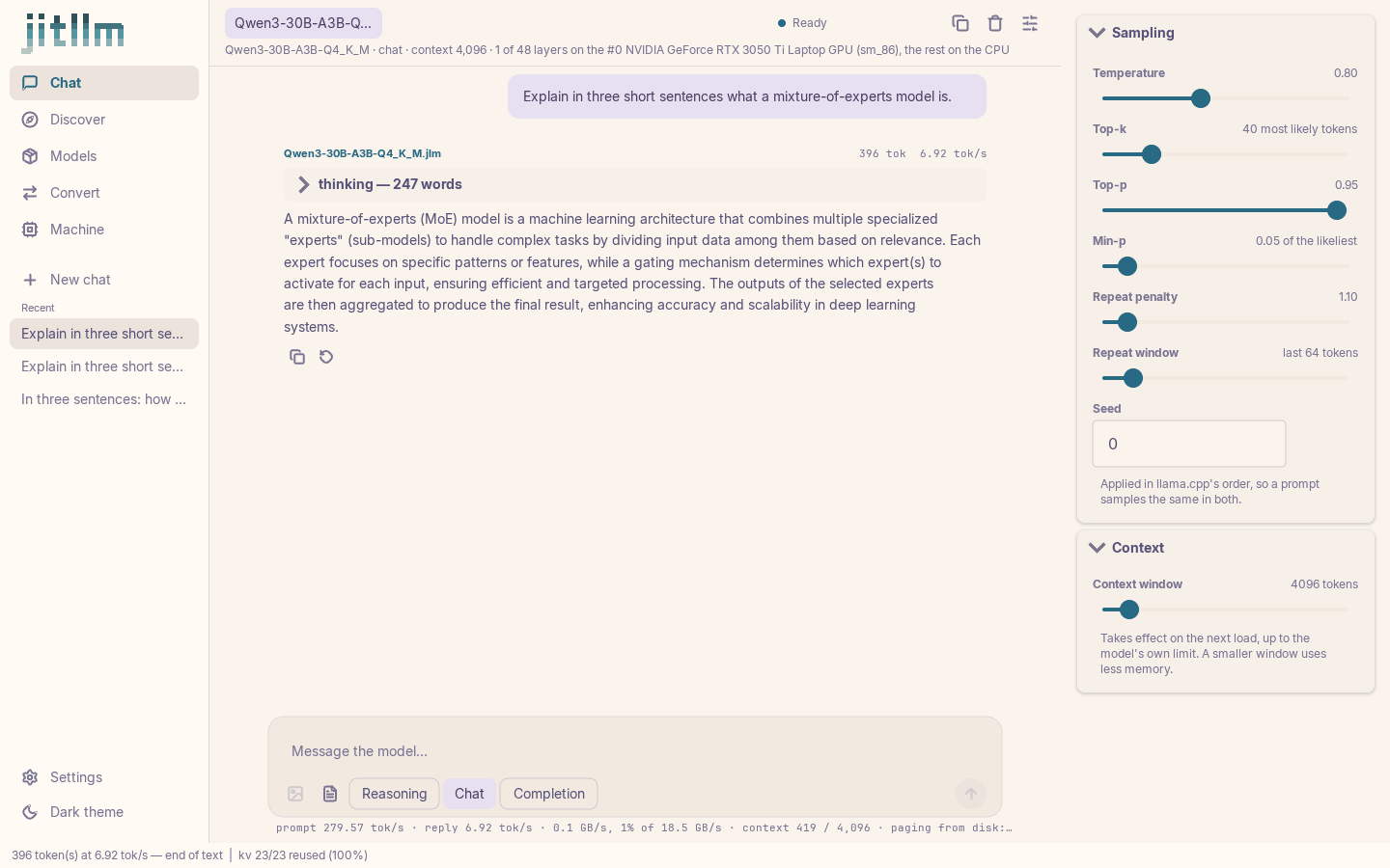 The jitllm desktop app, Chat screen
