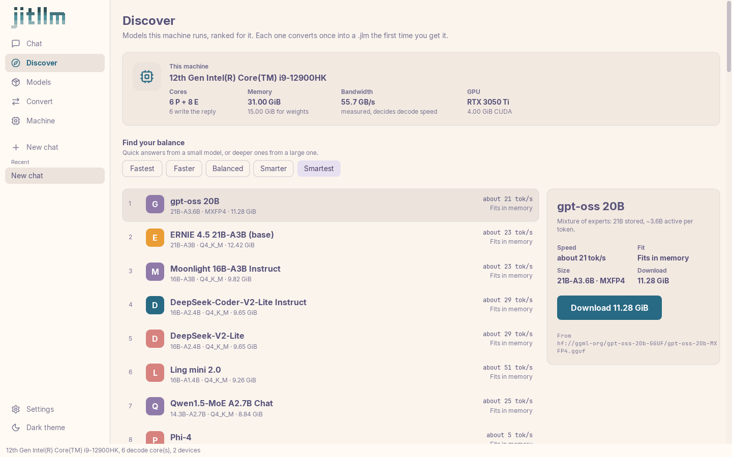 The jitllm desktop app, Discover screen